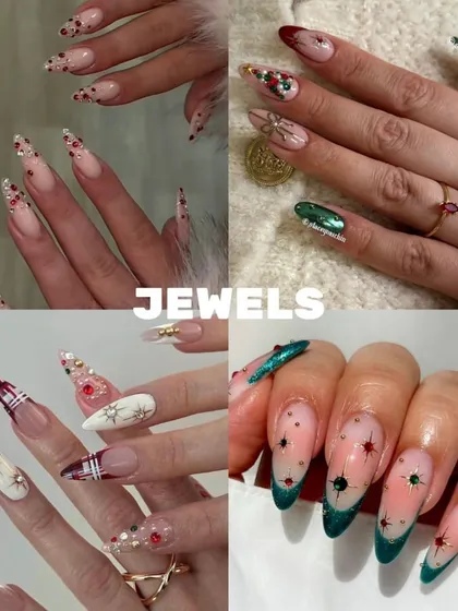 December Nails Inspo, highlighting "Jewels." This graphic showcases how to use rhinestones, crystals, and other gems to add some serious sparkle and glam to your holiday set.