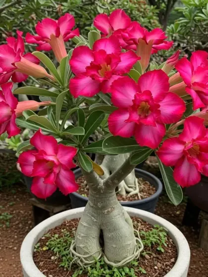 A close-up of a deep red Desert Rose (Adenium) flower. This succulent produces stunning blooms with minimal water requirements.