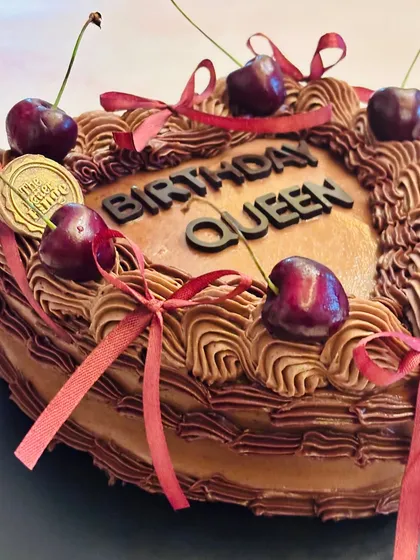 A classic combination, our Cherry Chocolate cake is perfect for any celebration. This heart-shaped version was for a "Birthday Queen" and is completely vegan and refined sugar-free.