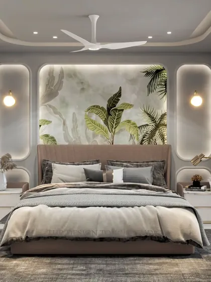 A front-on view of the bed and the botanical mural, showcasing the room's calming and sophisticated atmosphere.