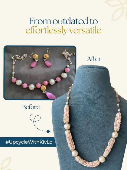 This shows how we can update pieces that have gone out of style. An outdated pink beaded maala was transformed into an effortlessly versatile pearl necklace by replacing the beads with elegant khakha moti.