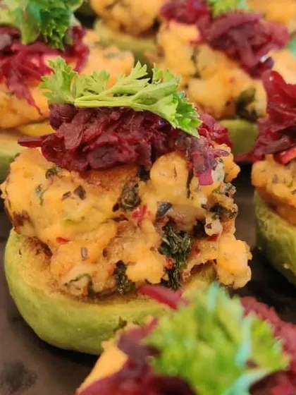 A vibrant and healthy starter of stuffed avocado topped with pickled beetroot. This was part of a bespoke sit-down dinner menu we created from scratch for a corporate event.