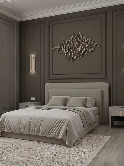 A sophisticated bedroom with dark, moody wall paneling that creates a cozy and intimate feel. The design is accented with a metallic wall sculpture and elegant wall sconces that provide warm, ambient light. Note: Image 10 is a duplicate.