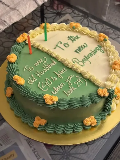 A fun half-and-half vintage buttercream cake for a 40th birthday, with a humorous message for the husband.