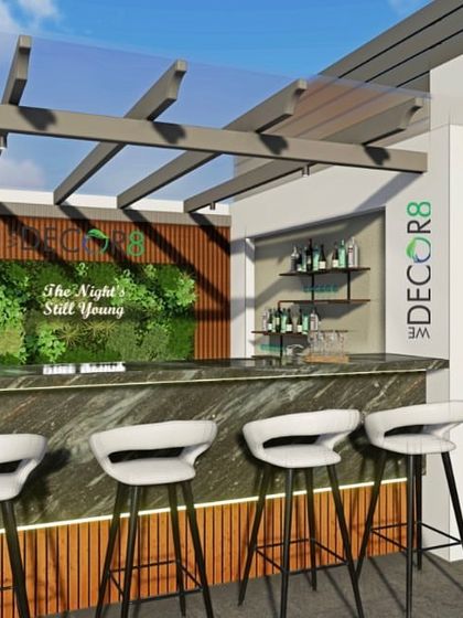Here's a sneak peek of an upcoming terrace bar we're designing. This 3D preview shows a sleek marble-top counter, a vertical garden backdrop with a neon sign, and a modern pergola structure.