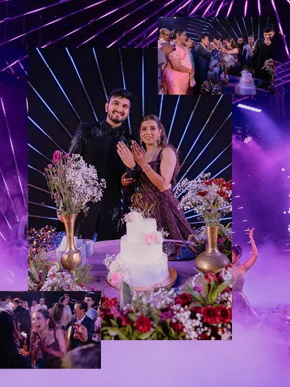A collage capturing the highlights of the couple's engagement or Sangeet, from the cake cutting to the grand dance performances.
