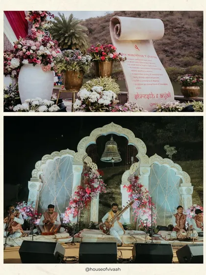 A collage showcasing the blend of tradition and artistry, with a large scroll detailing the sacred vows placed beside a stage set for classical musicians, framed by temple-style arches.