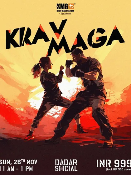 An event poster for our Krav Maga self-defense workshop held at Dadar Social in Mumbai, part of our popular public seminar series.