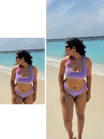 A full-body shot of my lilac bikini on the beach. This color is one of my favorites and looks amazing against the turquoise water.