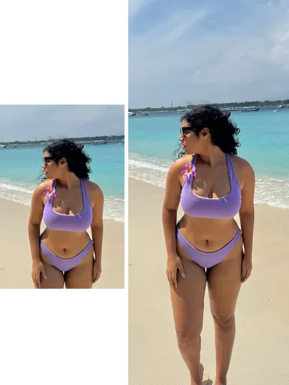 A side-by-side look at the lilac bikini. It’s a great color for Indian skin tones and looks amazing against the blue water.