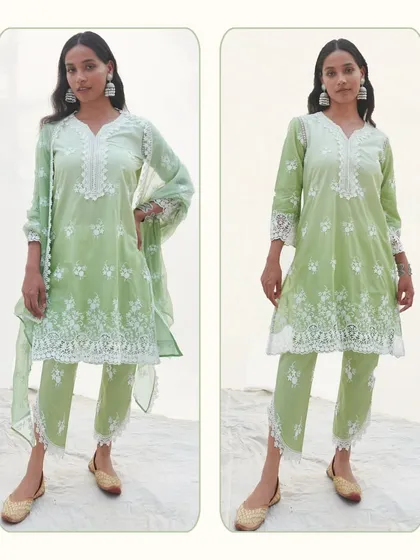 A full view of the Chapoli Green Kurta Set. The soft fabric and delicate white floral embroidery make it a piece that feels calm, confident, and completely at ease.