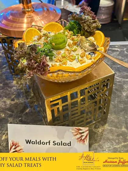 Start off your meals with our healthy and delicious salad treats. This classic Waldorf Salad, presented in a beautiful glass bowl, is a refreshing and elegant appetizer option for any menu.
