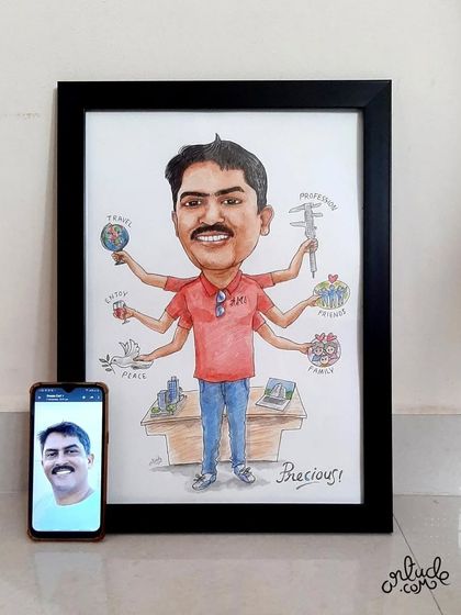 A personalized caricature showing a man with multiple arms, each holding an icon representing a different aspect of his life: travel, profession, family, and peace.