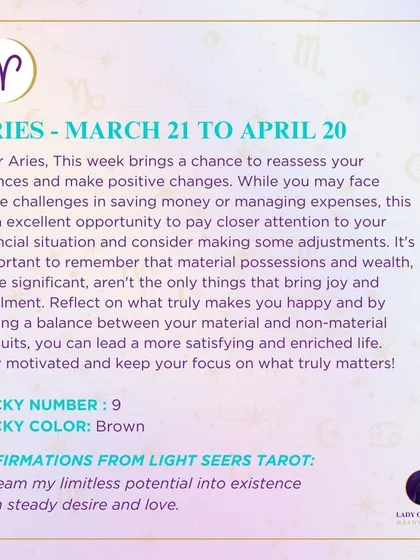 This week's tarot reading for Aries. The reading brings a chance to reassess your finances and make positive changes. Reflect on what truly makes you happy.