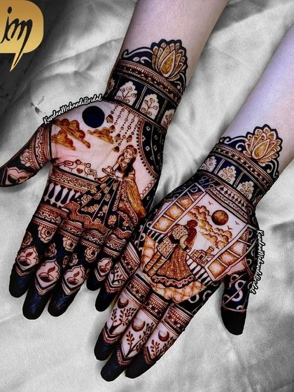 A dramatic and beautiful Karwa Chauth design, with one hand showing a woman with her sieve and the other a romantic couple scene.