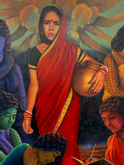 A detailed composition from my 'Bhaarat Maata' series, this acrylic on canvas brings together multiple figures in a scene of learning and community. The central woman in the red saree stands as a pillar of strength, surrounded by others engaged in various activities, representing the multifaceted nature of our culture.