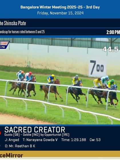 Race 2 results from November 15, 2024: Sacred Creator is victorious in The Shimsha Plate.