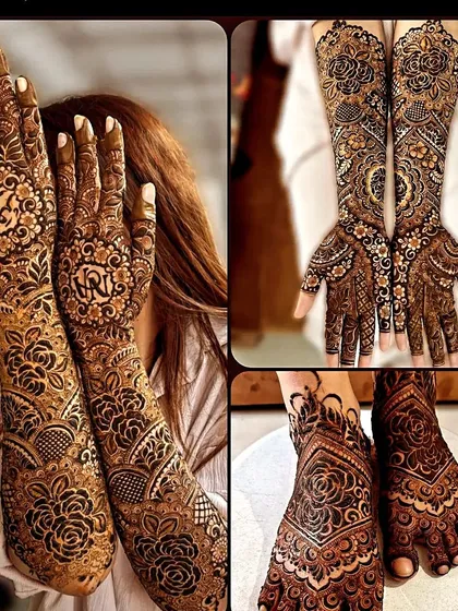 A glimpse into the variety we offer, from full bridal arms with personalized initials to matching intricate designs for the feet. Each piece is crafted with care to ensure a beautiful, dark henna stain.