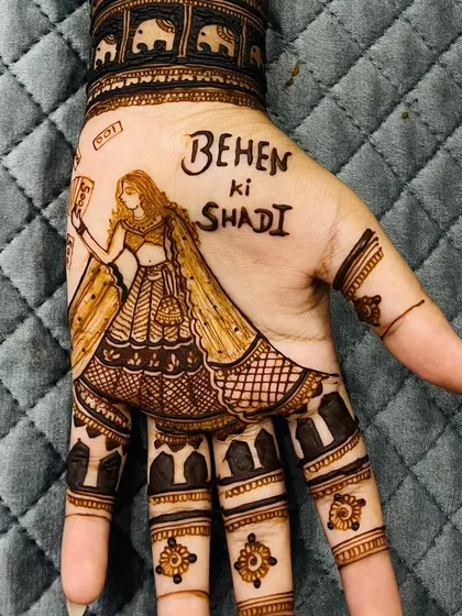 Another angle of the "Behen ki Shaadi" portrait. The details in the lehenga and the playful pose make this design truly unique.