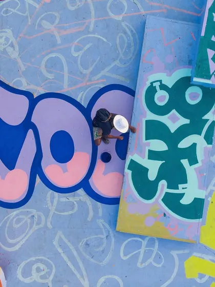 An aerial view of me working on a section of the skatepark, giving a sense of the scale and complexity of the layout.