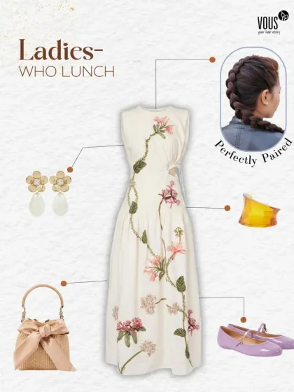 This "Ladies Who Lunch" look features a beautiful inverted French braid. It's a polished and sophisticated hairstyle that pairs perfectly with a delicate floral dress for a chic daytime event.
