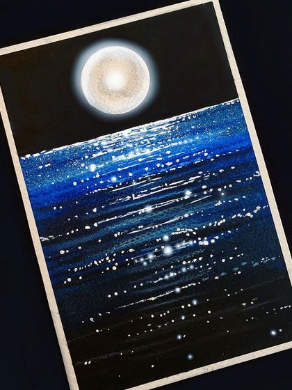 A moonlit ocean scene created with oil pastels and white paint. I focused on capturing the reflection of the moon on the water's surface, creating shimmering highlights across the waves.