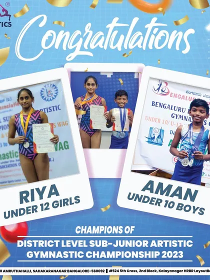 We celebrate every achievement. We are incredibly proud of our students, Riya and Aman, for becoming champions at the District Level Sub-Junior Artistic Gymnastic Championship. Their success is a testament to their hard work and our quality training.