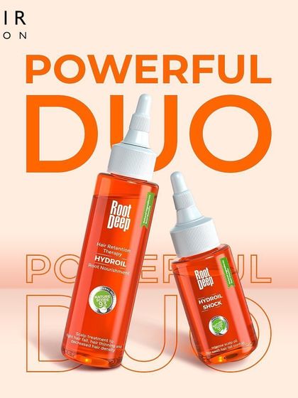 The Root Deep Powerful Duo, Hydroil and Hydroil Shock, work together to prevent hair fall, clear follicle damage, and increase hair density for fuller, healthier hair.