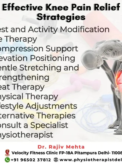 This graphic outlines several effective strategies for knee pain relief that I incorporate into my treatment plans, including ice therapy, compression, and gentle strengthening.