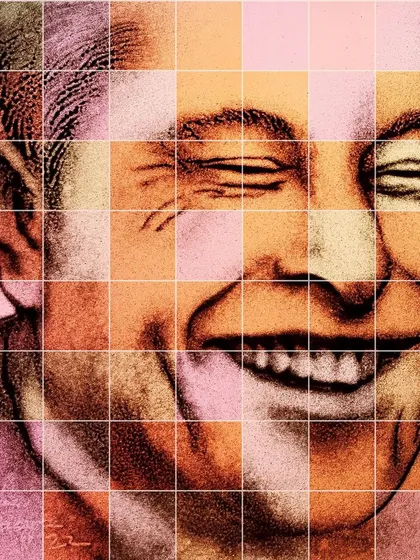 This gridded version of the Elon Musk portrait breaks down the image into individual color blocks, showing how a single image can be deconstructed and re-imagined.