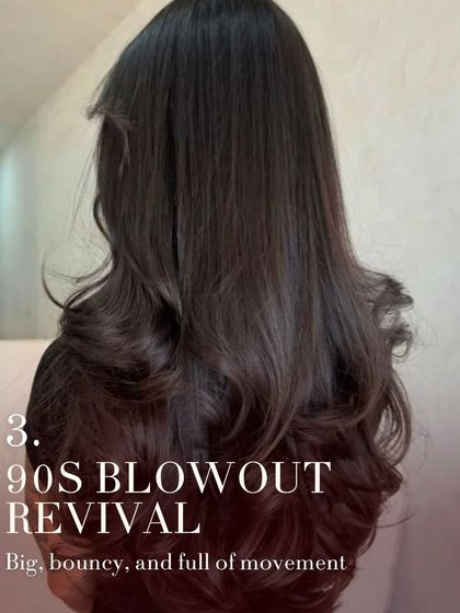 The 90s blowout is back and better than ever. This style is all about creating big, bouncy volume and beautiful movement, giving the hair a lifted and structured look that is full of life.