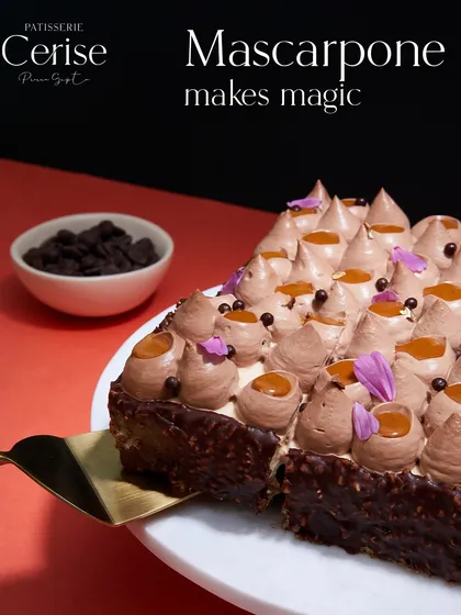 Mascarpone makes magic in this entremet. It provides a light, creamy texture that perfectly balances the rich hazelnut and dark chocolate.