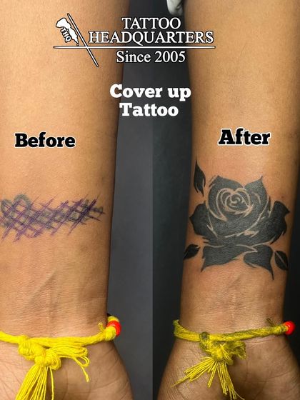 Before and after of a wrist cover-up. A faded, messy design is completely hidden by a solid blackwork rose, giving the client a fresh start.