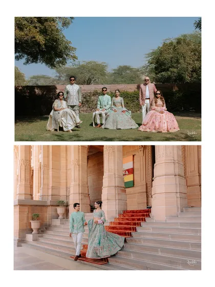 A collage showcasing both a formal family portrait on the palace lawns and a candid moment of the couple on the grand staircase of Umaid Bhawan.