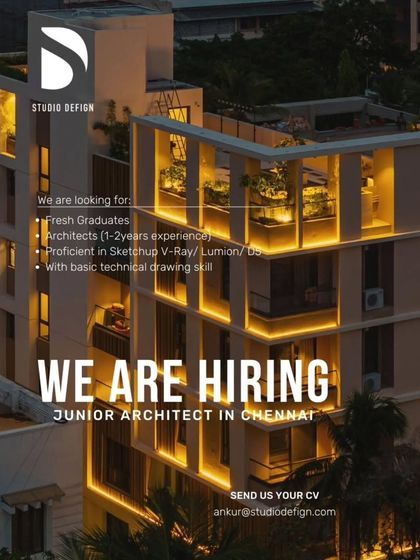 An opportunity for fresh graduates and junior architects in Chennai with Studio Defign. The post clearly outlines requirements like proficiency in Sketchup V-Ray and technical drawing skills.