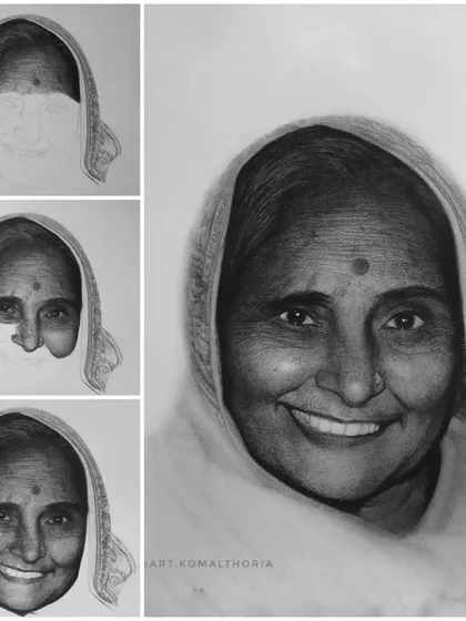 The complete process of my grandmother's portrait, from the first layers of shading to the final detailed piece.