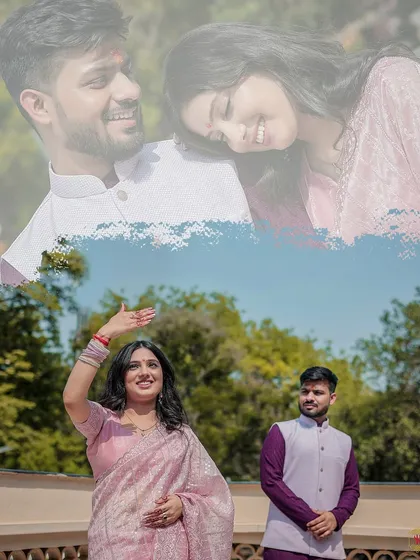 A creative collage from a Roka ceremony, blending a candid outdoor shot with a romantic close-up.
