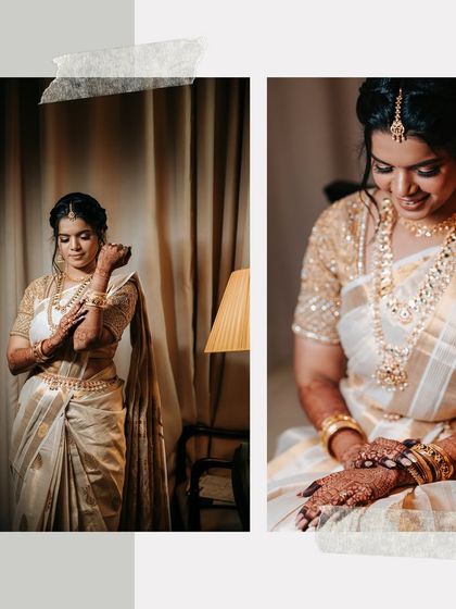 A collage of the bride's portraits, showing her getting ready. These shots capture the quiet, contemplative moments before the ceremony begins.