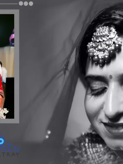 A serene black and white portrait of the bride from a Sikh wedding, capturing a moment of quiet reflection. The album layout also shows the groom's entrance.