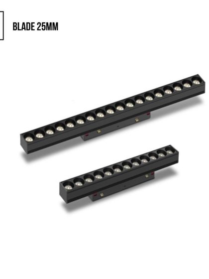 The Blade 25mm is a powerful linear light module for our magnetic track system. With a high CRI of over 90 and a low UGR for eye comfort, it provides excellent light quality in a sleek aluminum body.