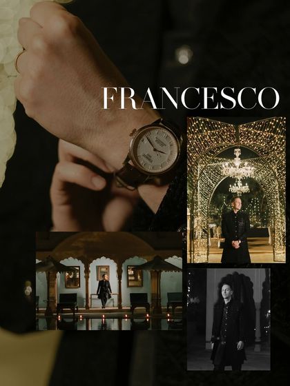 A stylish collage dedicated to the groom, combining a close-up of his watch with various portraits from the palace wedding, showcasing a modern, editorial style.