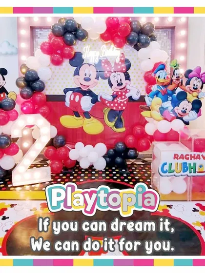 A fun graphic showcasing our Mickey and Minnie Mouse clubhouse theme. We can customize the decor with your child's name and age for that personal touch.