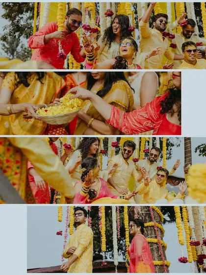 A collage of candid moments from a lively Haldi, showing friends and family applying turmeric and dancing with the couple.