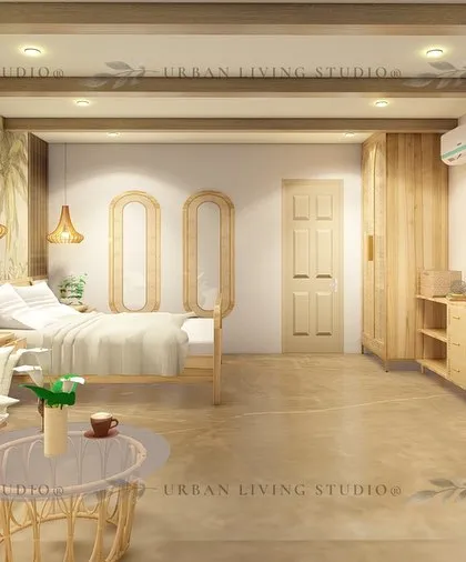 This render showcases our versatility with a bohemian-inspired bedroom design in Gurgaon. We used natural materials like wood and rattan, a nature-themed wall mural, and soft lighting to create a tranquil, free-spirited aesthetic.