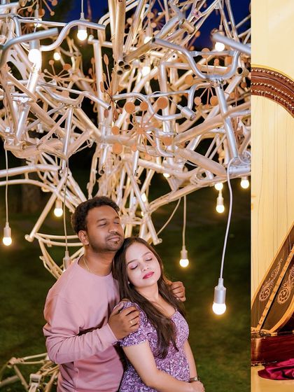 A collage combining a romantic night shot with a close-up of a harp, suggesting a musical and magical theme.