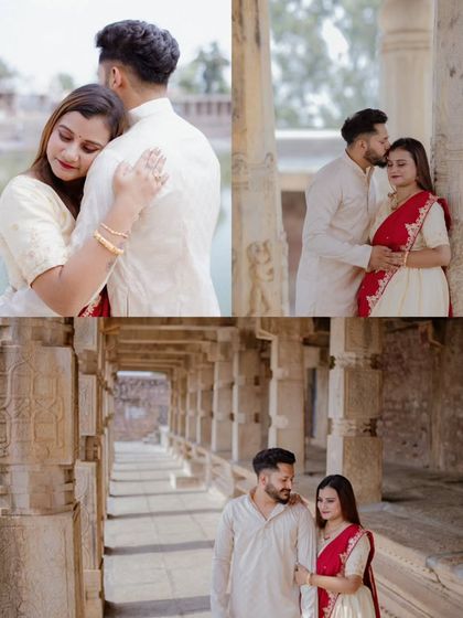 A collage of moments from the couple's maternity shoot in Melukote, showing a variety of poses from affectionate embraces to gentle kisses and candid walks.