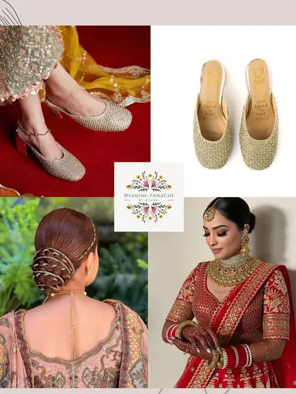 From elegant hairstyles to ornate juttis, this image showcases the accessories and details that complete the quintessential Punjabi bridal look.