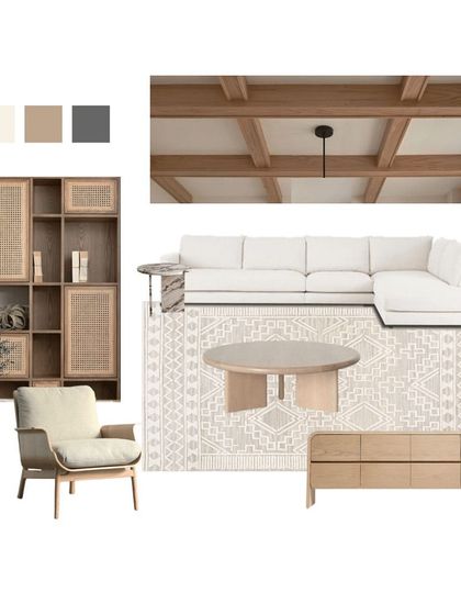 A mood board for a neutral, cozy family room. The concept is built around cane, warm oak wood, and beige tones to create a light and inviting space.