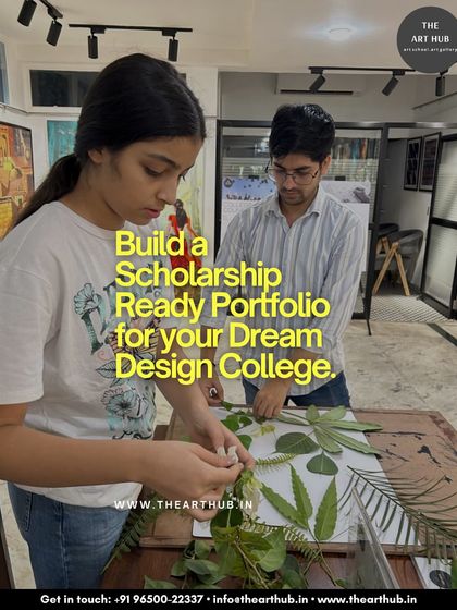 Building a scholarship-ready portfolio for a dream design college is my specialty. This image shows an instructor helping a student with a mixed-media nature project.