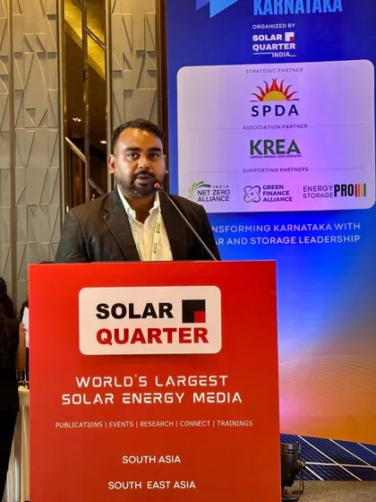 A representative from my company speaking at the Solar & Storage Expo in Karnataka, sharing our vision for transforming the state's energy landscape.